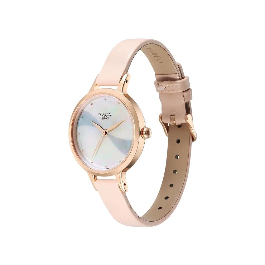 Titan Raga Power Pearls Quartz Analog Mother of Pearl Dial Leather Strap Watch for Women-NS2666WL04