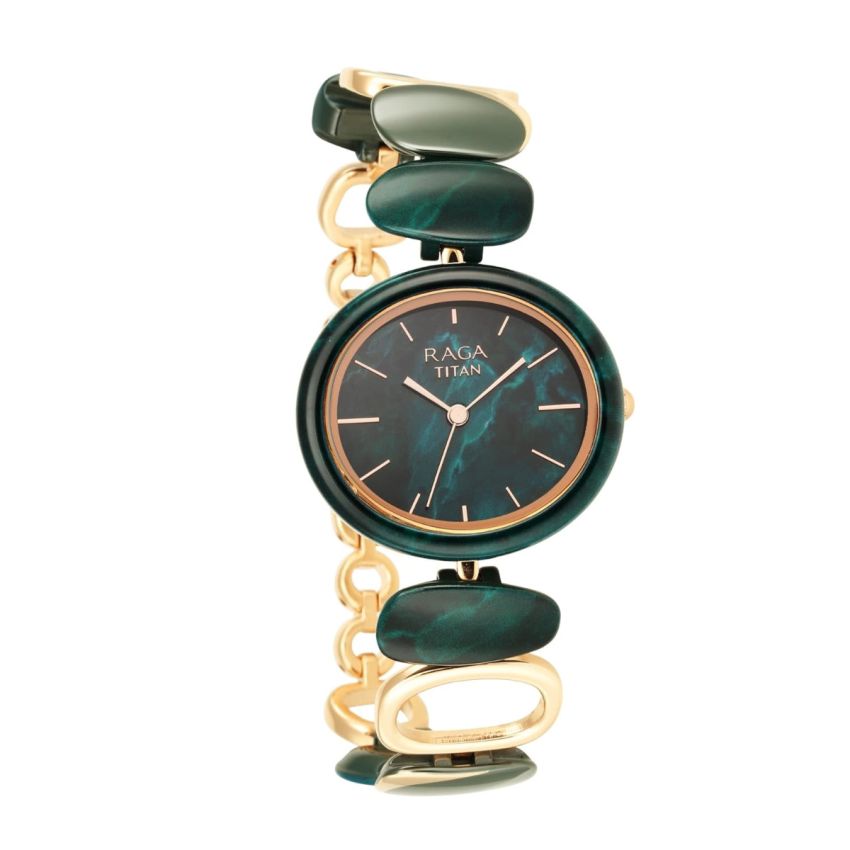 Titan Raga Ceramics Green Dial Analog Metal Strap Watch for Women-NS95146KD02