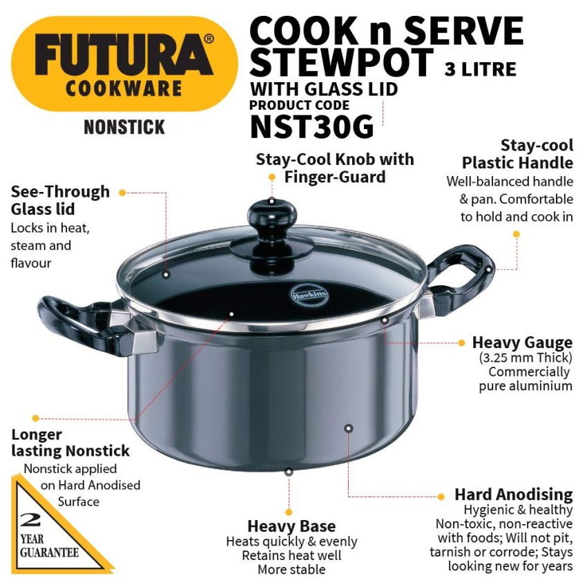 Hawkins Futura 3 Litre Cook N Serve Stewpot, Non Stick Pot With Glass Lid, Cooking Pot With Lid, Black (Nst30G), 3 Liter