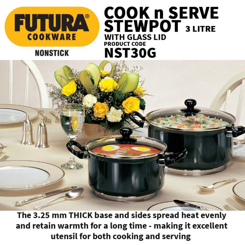Hawkins Futura 3 Litre Cook N Serve Stewpot, Non Stick Pot With Glass Lid, Cooking Pot With Lid, Black (Nst30G), 3 Liter