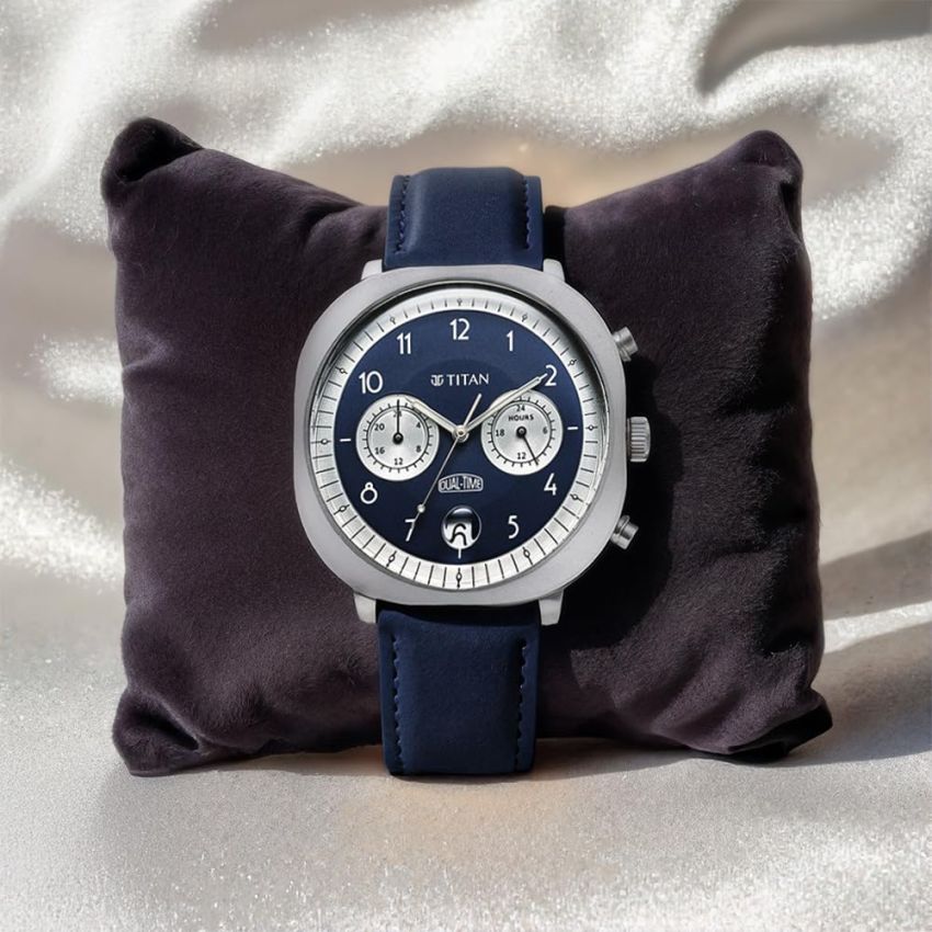 Titan Timeless Treasures Quartz Analog Dual Time Blue Dial with Blue Color Leather Strap Watch for Men-10022SL01/NT10022SL01