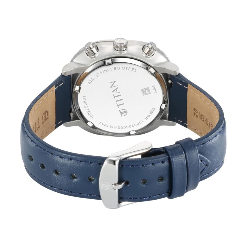 Titan Timeless Treasures Quartz Analog Dual Time Blue Dial with Blue Color Leather Strap Watch for Men-10022SL01/NT10022SL01