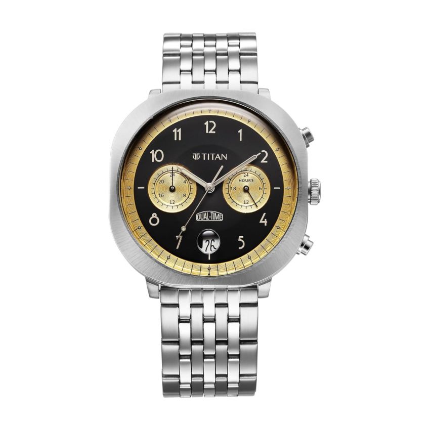 Titan Timeless Treasures Quartz Analog Dual Time Black Dial with Silver Color Stainless Steel Strap Watch for Men-10022SM02/NT10022SM02