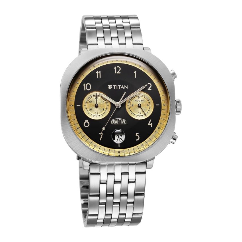 Titan Timeless Treasures Quartz Analog Dual Time Black Dial with Silver Color Stainless Steel Strap Watch for Men-10022SM02/NT10022SM02
