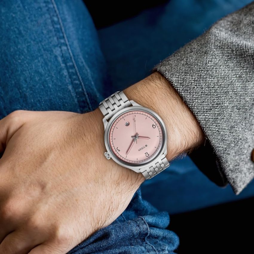 Titan Timeless Treasures Quartz Analog with Date Pink Dial with Silver Color Stainless Steel Strap Watch for Men-10023SM01/NT10023SM01