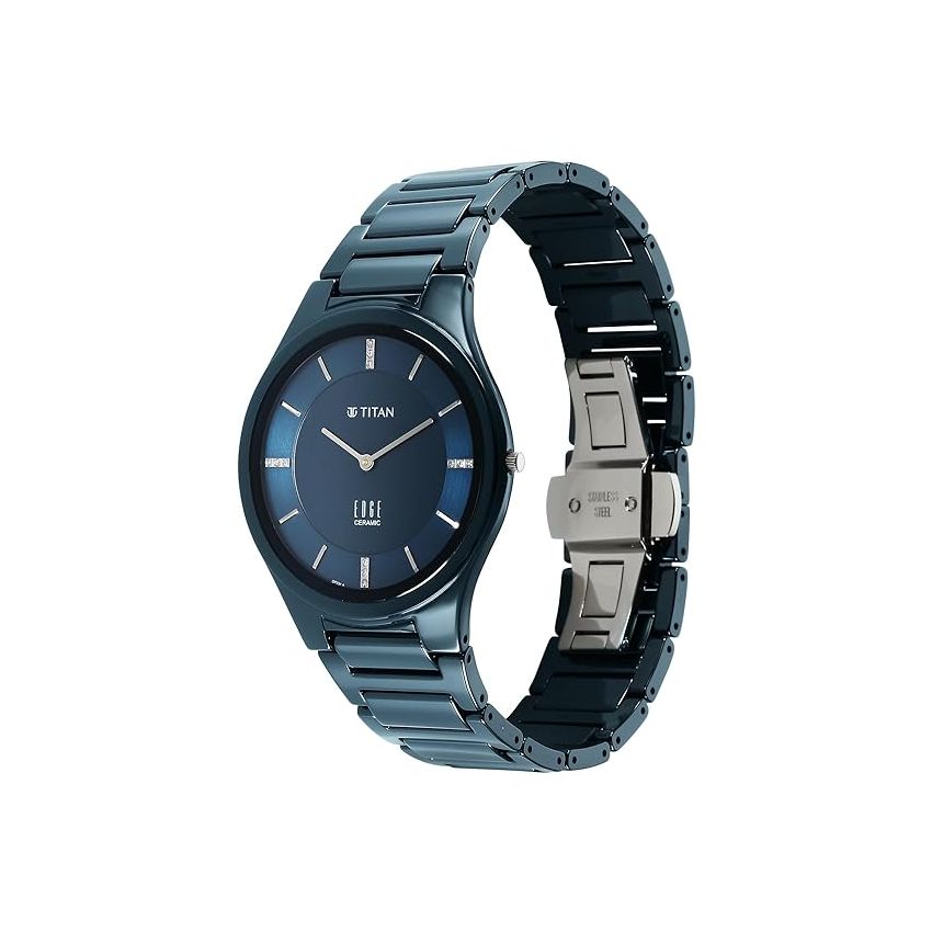 Titan Edge Ceramic Dress with Diamonds Quartz Analog Blue Dial Ceramic Strap Watch for Men-1696QC09/NT1696QC09