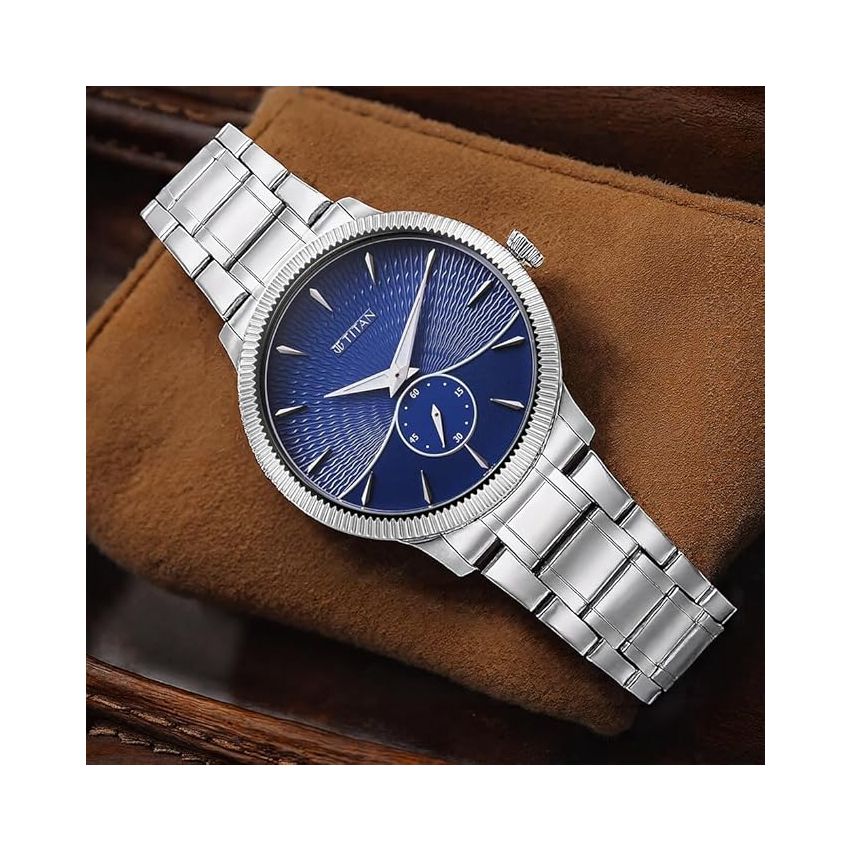 Titan Regalia Opulent Quartz Analog Blue Dial Silver Stainless Steel Strap Watch for Men-1828SM02/NT1828SM02