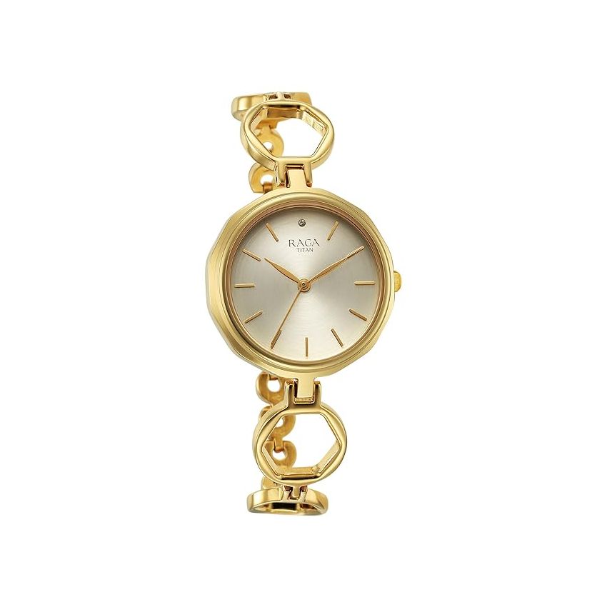 Titan Raga Viva Golden Dial Quartz Analog with Date Metal Strap Watch for Women-NS2685YM01/NT2685YM01