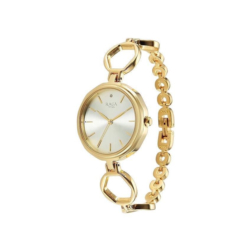 Titan Raga Viva Golden Dial Quartz Analog with Date Metal Strap Watch for Women-NS2685YM01/NT2685YM01