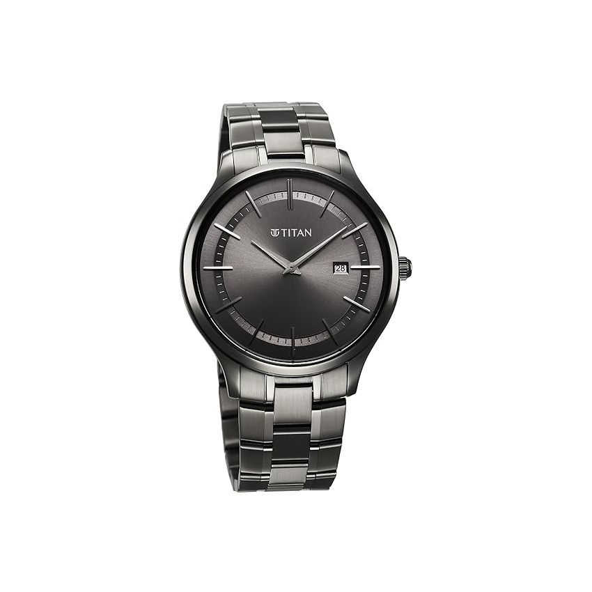 Titan Clasique Slim Quartz Analog with Date Grey Dial with Grey Color Stainless Steel Strap Watch for Men/NT90142QM06