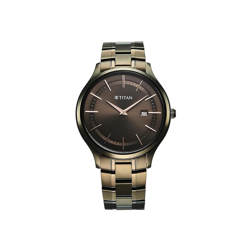 Titan Clasique Slim Quartz Analog with Date Brown Dial with Two Toned Color Stainless Steel Strap Watch for Men/NT90142QM07