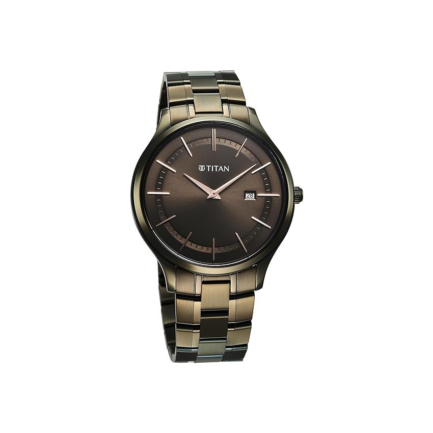Titan Clasique Slim Quartz Analog with Date Brown Dial with Two Toned Color Stainless Steel Strap Watch for Men/NT90142QM07