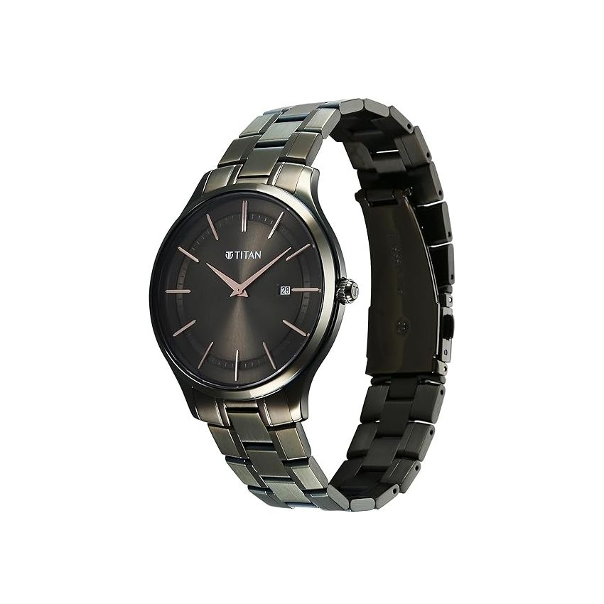 Titan Clasique Slim Quartz Analog with Date Brown Dial with Two Toned Color Stainless Steel Strap Watch for Men/NT90142QM07