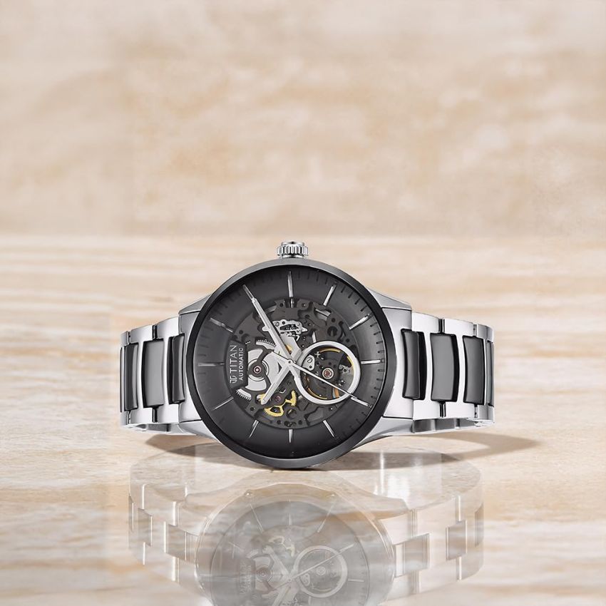 Titan Ceramic Fusion Automatic Black Dial Silver Dual-Toned Stainless Steel Bracelet Watch for Men-90174KD01/NT90174KD01