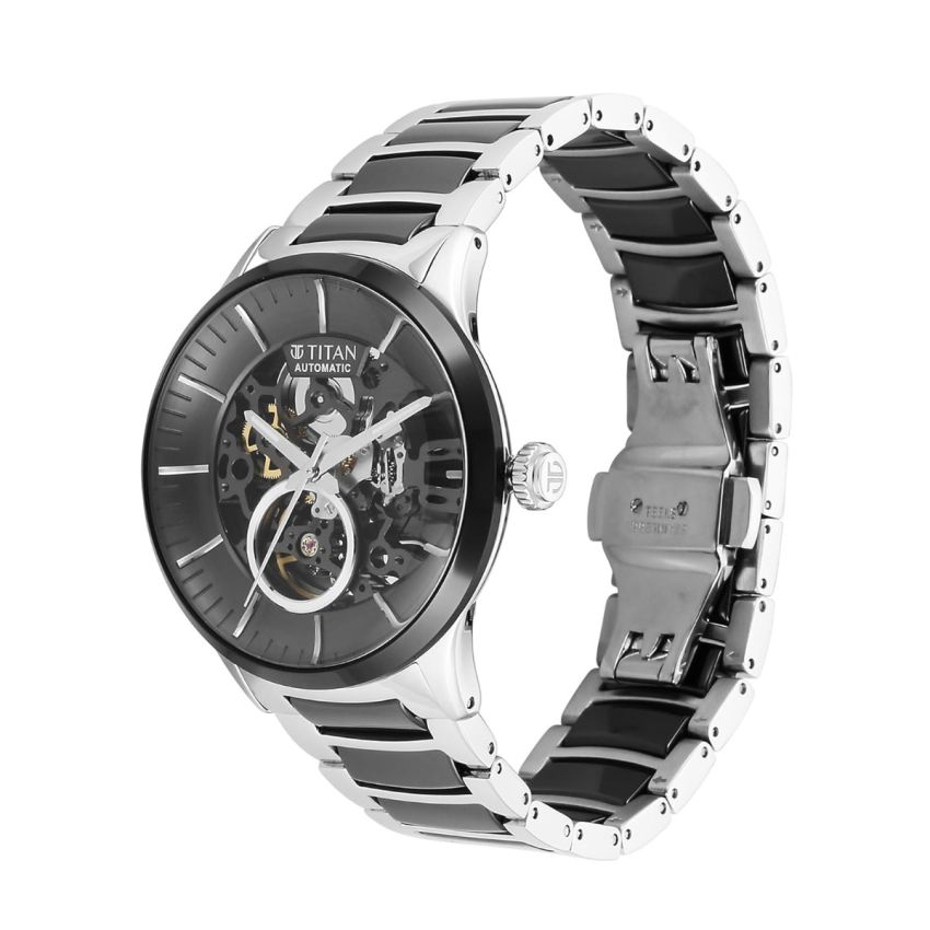 Titan Ceramic Fusion Automatic Black Dial Silver Dual-Toned Stainless Steel Bracelet Watch for Men-90174KD01/NT90174KD01