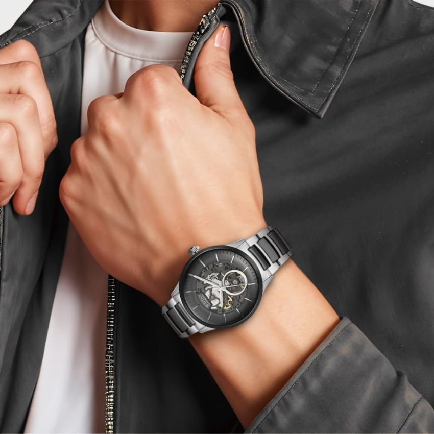 Titan Ceramic Fusion Automatic Black Dial Silver Dual-Toned Stainless Steel Bracelet Watch for Men-90174KD01/NT90174KD01