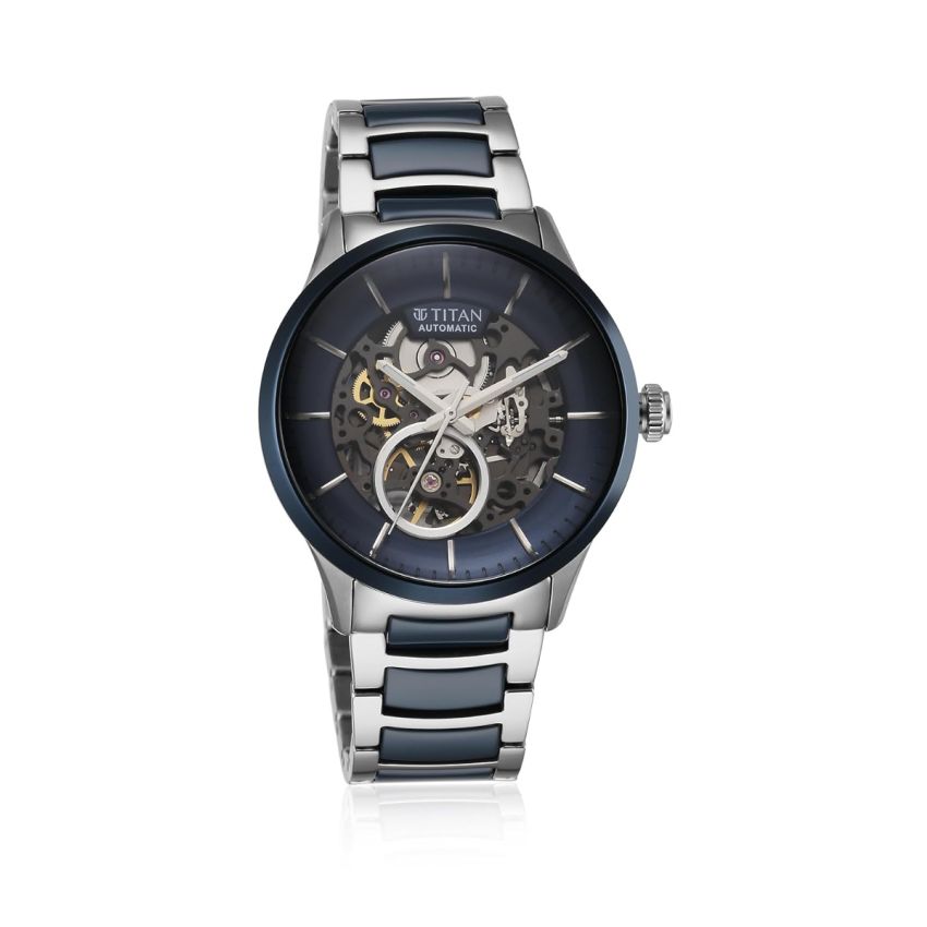 Titan Ceramic Fusion Automatic Blue Dial Silver Dual-Toned Stainless Steel Bracelet Watch for Men-90174KD02/NT90174KD02