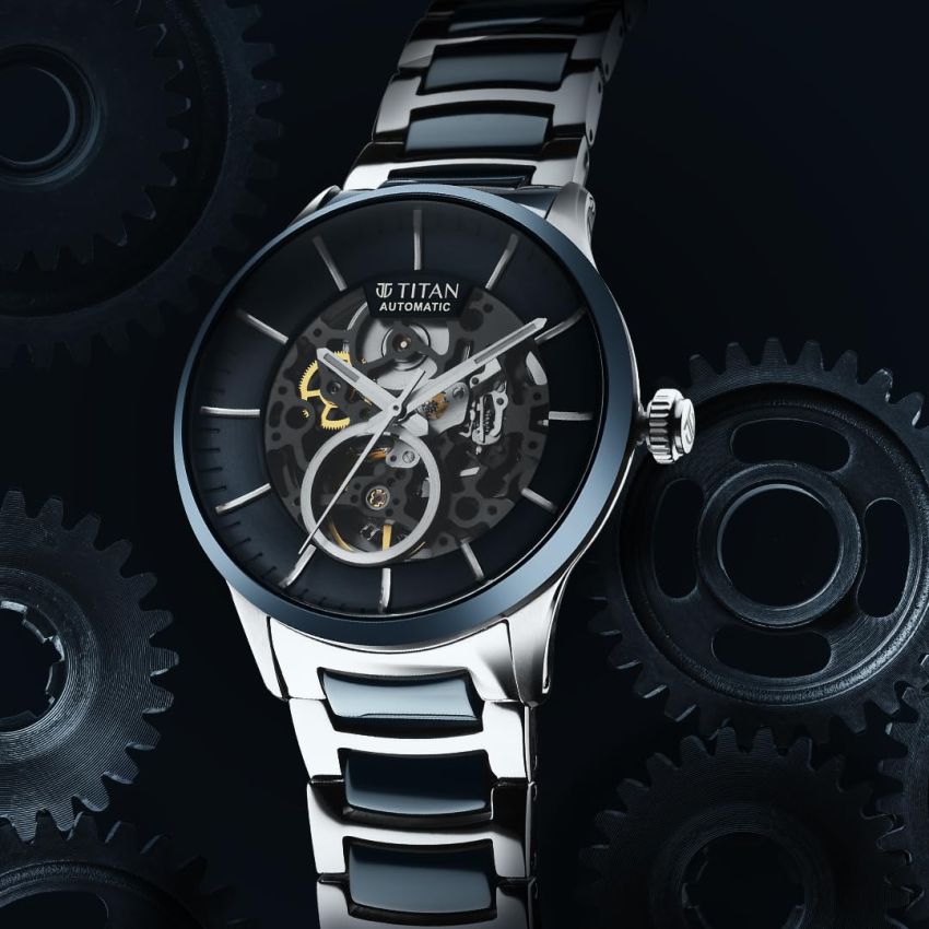 Titan Ceramic Fusion Automatic Blue Dial Silver Dual-Toned Stainless Steel Bracelet Watch for Men-90174KD02/NT90174KD02