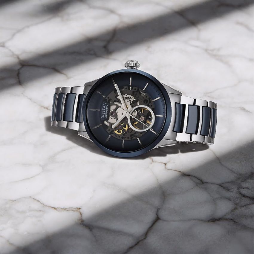 Titan Ceramic Fusion Automatic Blue Dial Silver Dual-Toned Stainless Steel Bracelet Watch for Men-90174KD02/NT90174KD02