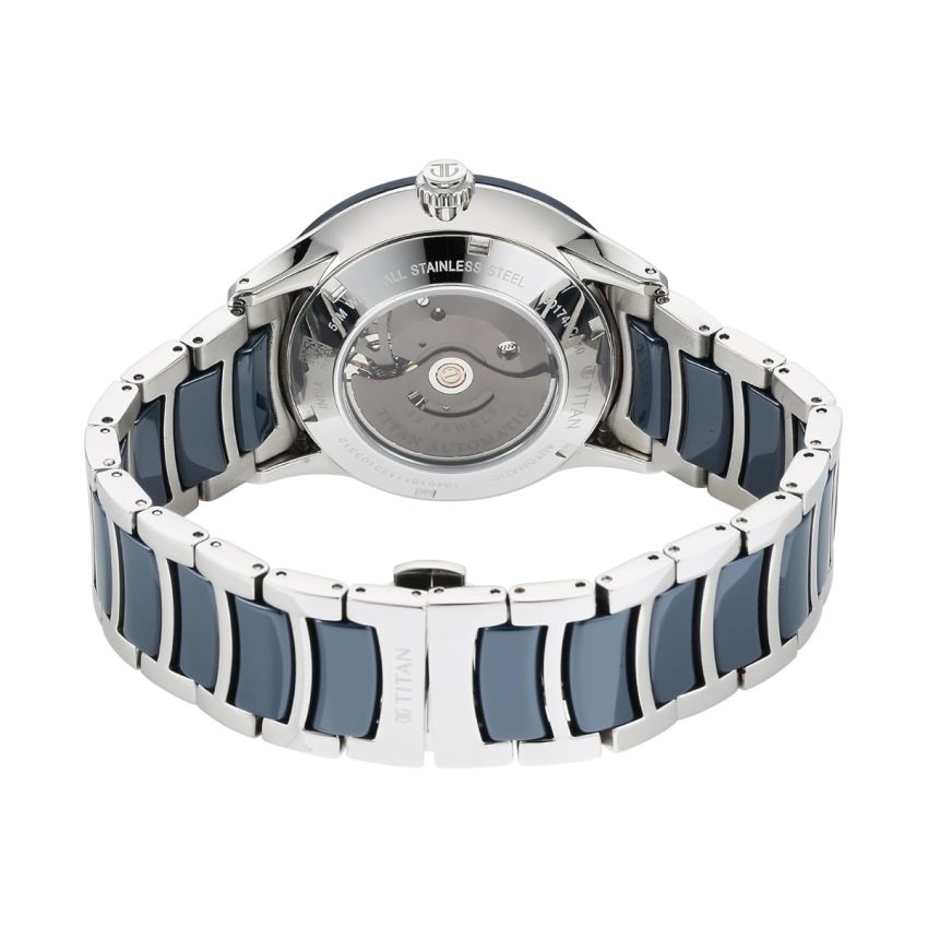Titan Ceramic Fusion Automatic Blue Dial Silver Dual-Toned Stainless Steel Bracelet Watch for Men-90174KD02/NT90174KD02