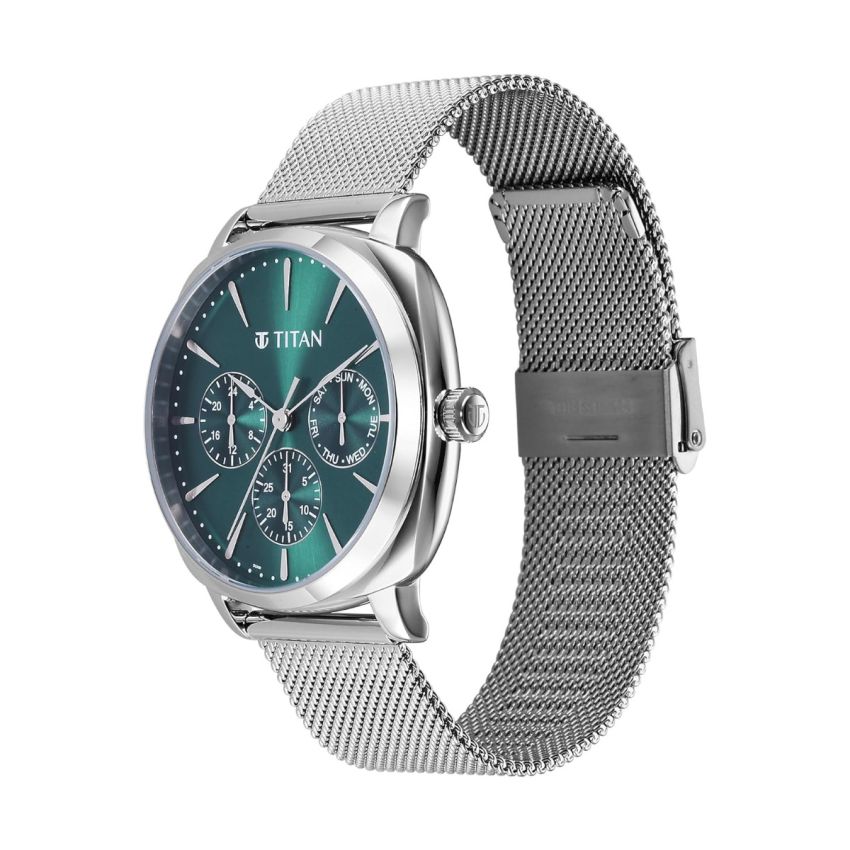 Titan Classique Suave Quartz Green Dial Silver Stainless Steel Mesh Strap Watch for Men-90189SM01/NT90189SM01