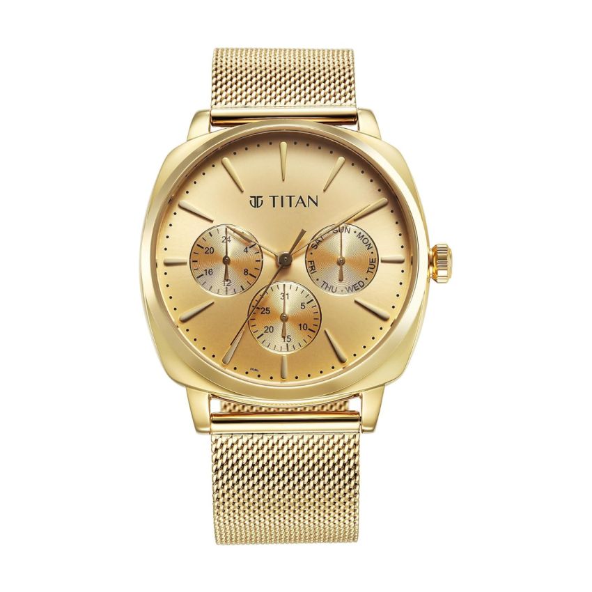 Titan Classique Suave Quartz Yellow Dial Golden Stainless Steel Mesh Strap Watch for Men-90189YM02/NT90189YM02