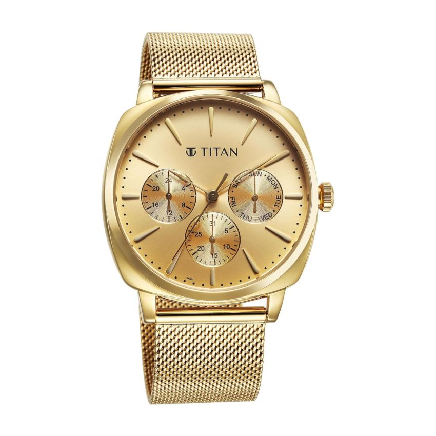 Titan Classique Suave Quartz Yellow Dial Golden Stainless Steel Mesh Strap Watch for Men-90189YM02/NT90189YM02