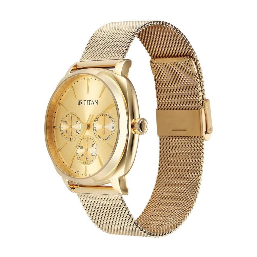 Titan Classique Suave Quartz Yellow Dial Golden Stainless Steel Mesh Strap Watch for Men-90189YM02/NT90189YM02
