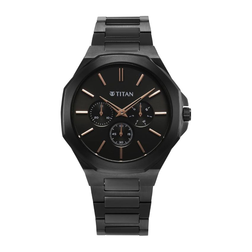 Titan Classic Slim Multifunction Quartz Multifunction Black Dial Stainless Steel Strap Watch for Men-90198NM01/NT90198NM01