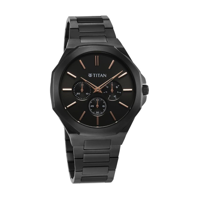 Titan Classic Slim Multifunction Quartz Multifunction Black Dial Stainless Steel Strap Watch for Men-90198NM01/NT90198NM01