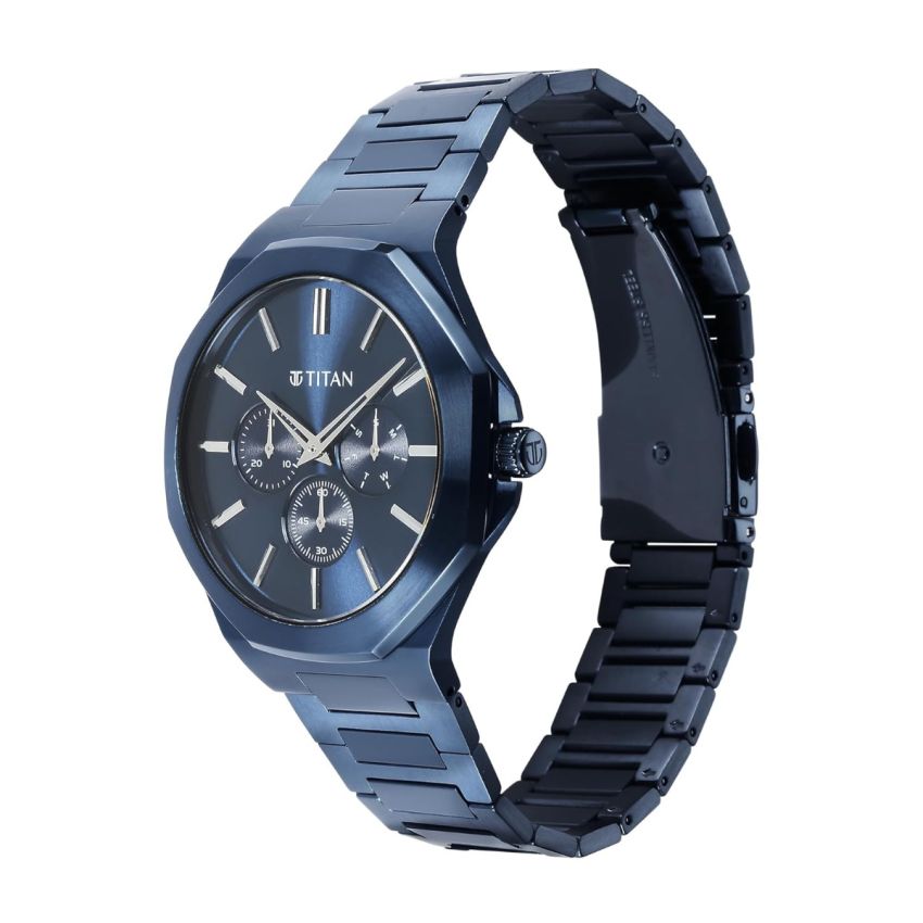 Titan Classic Slim Multifunction Quartz Multifunction Blue Dial Stainless Steel Strap Watch for Men-90198QM01/NT90198QM01