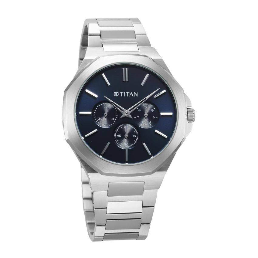 Titan Classic Slim Multifunction Quartz Multifunction Blue Dial Stainless Steel Strap Watch for Men-90198SM01/NT90198SM01