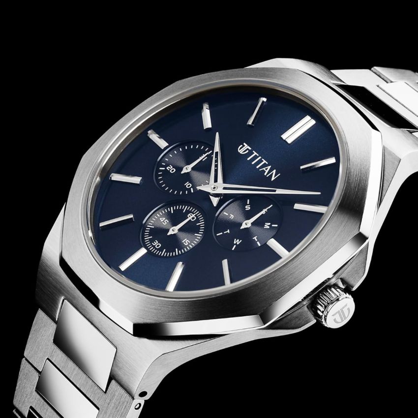Titan Classic Slim Multifunction Quartz Multifunction Blue Dial Stainless Steel Strap Watch for Men-90198SM01/NT90198SM01