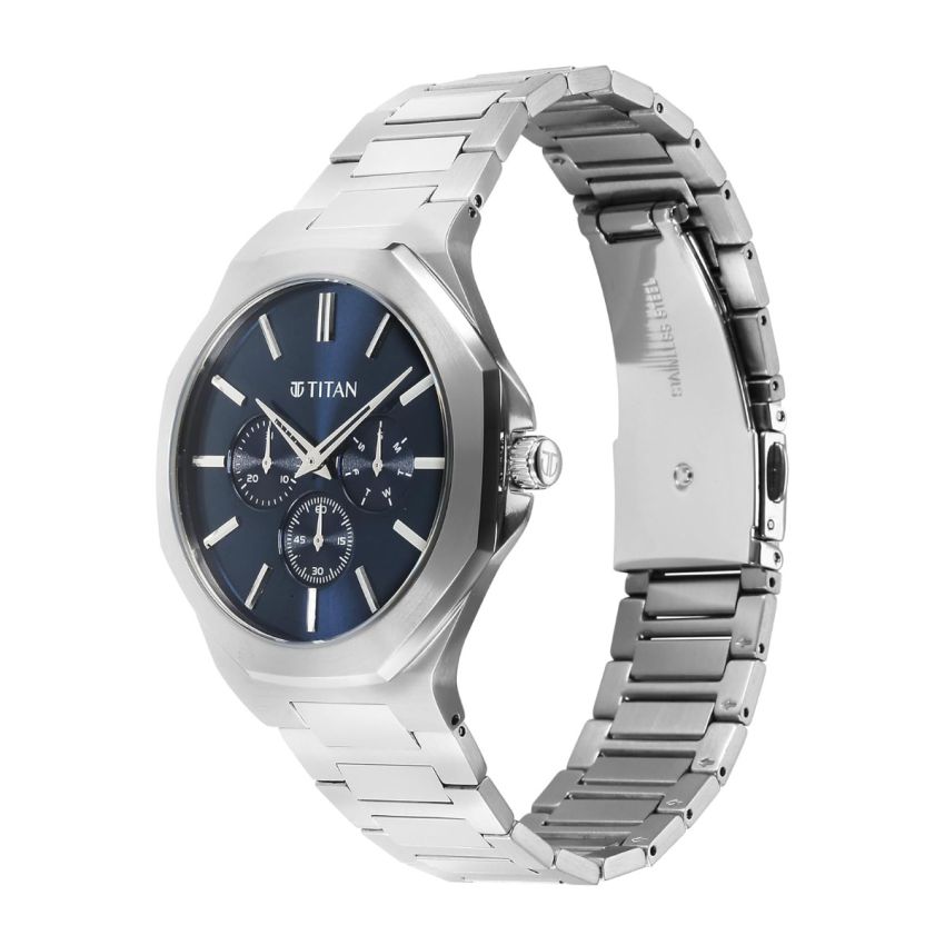 Titan Classic Slim Multifunction Quartz Multifunction Blue Dial Stainless Steel Strap Watch for Men-90198SM01/NT90198SM01