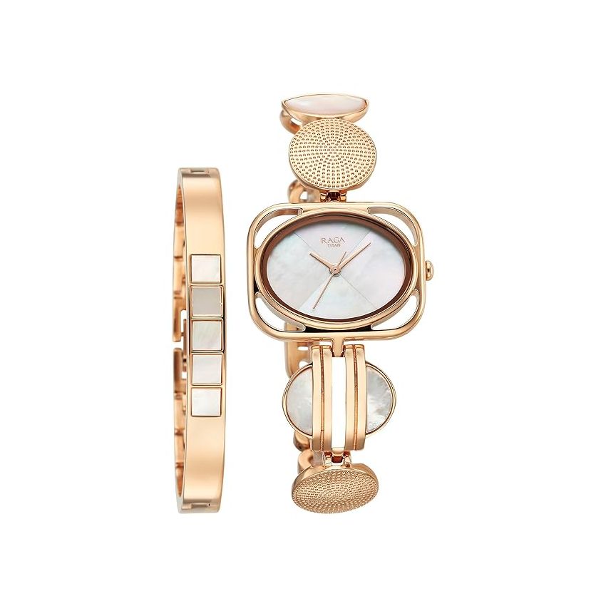 Titan Raga Power Pearls Quartz Analog Mother of Pearl Dial Metal Strap Watch for Women-NS95225WM01F/NT95225WM01F