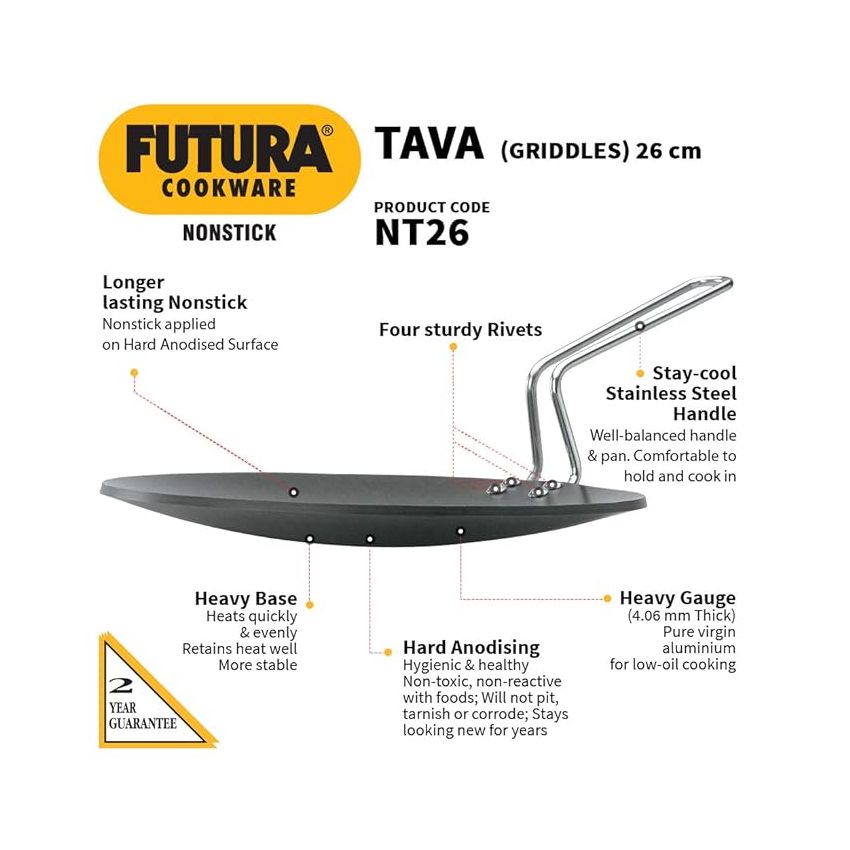 Hawkins Futura 26 cm Tava, Non Stick Tawa with Stainless Steel Handle, Black (NT26)