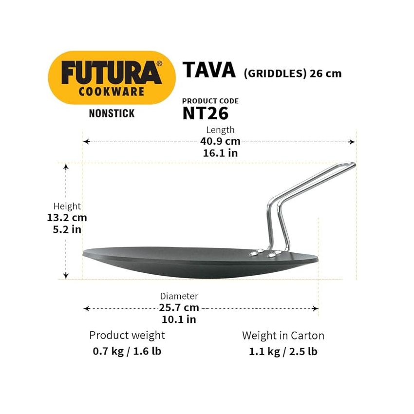 Hawkins Futura 26 cm Tava, Non Stick Tawa with Stainless Steel Handle, Black (NT26)