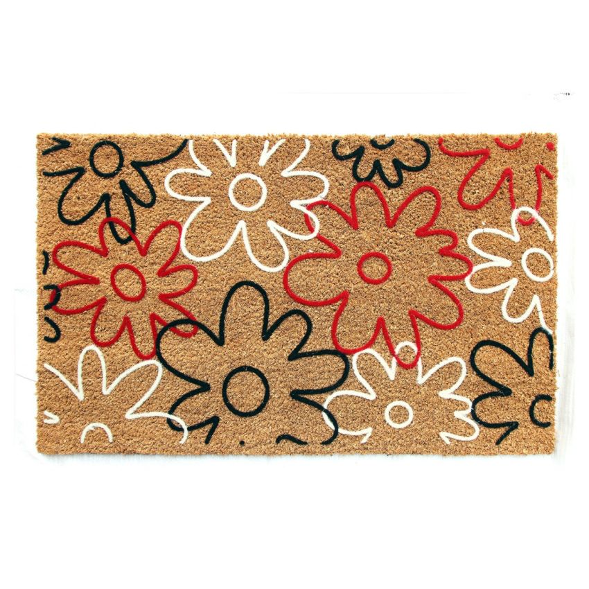 Onlymat Natural Coir Nylon Flocked Red & Black Colour Flower Design Door Mat