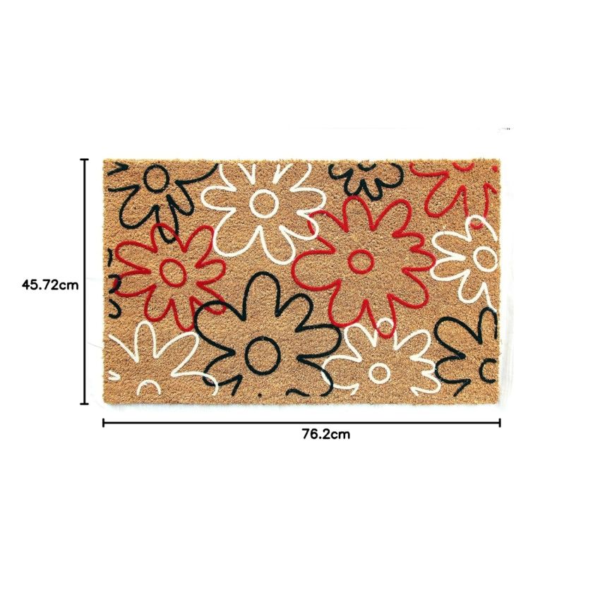 Onlymat Natural Coir Nylon Flocked Red & Black Colour Flower Design Door Mat