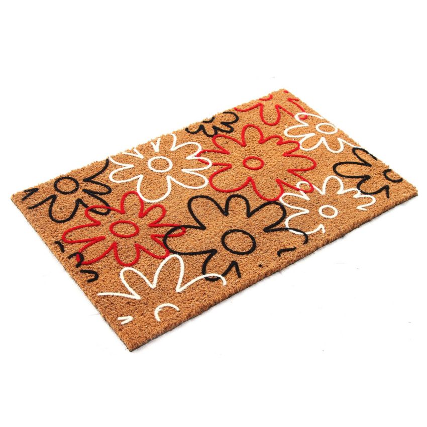 Onlymat Natural Coir Nylon Flocked Red & Black Colour Flower Design Door Mat