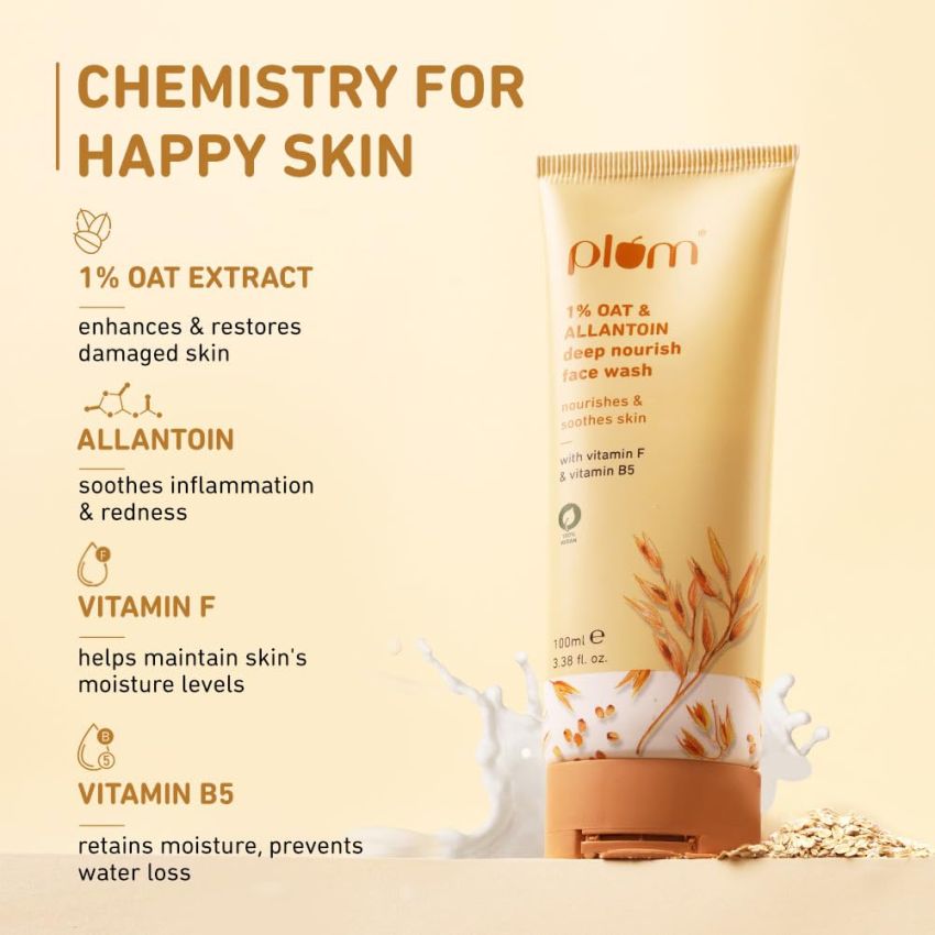 Plum 1% Oat & Allantoin Deep Nourish Face Wash For Dry,Sensitive Skin|Gentle Cleanser Vitamin B5 & F|Nourishes,Soothes & Restores Skin Barrier|Non-Drying Face Wash For Women & Men|100% Vegan|100 Ml