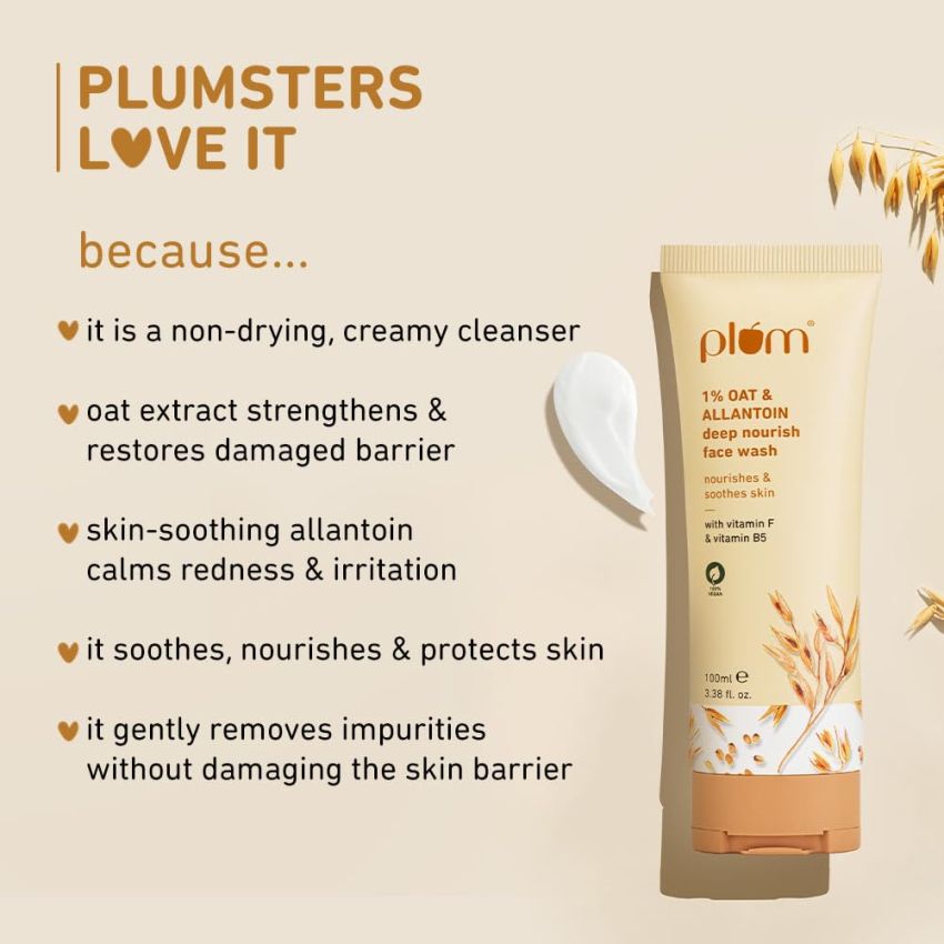 Plum 1% Oat & Allantoin Deep Nourish Face Wash For Dry,Sensitive Skin|Gentle Cleanser Vitamin B5 & F|Nourishes,Soothes & Restores Skin Barrier|Non-Drying Face Wash For Women & Men|100% Vegan|100 Ml