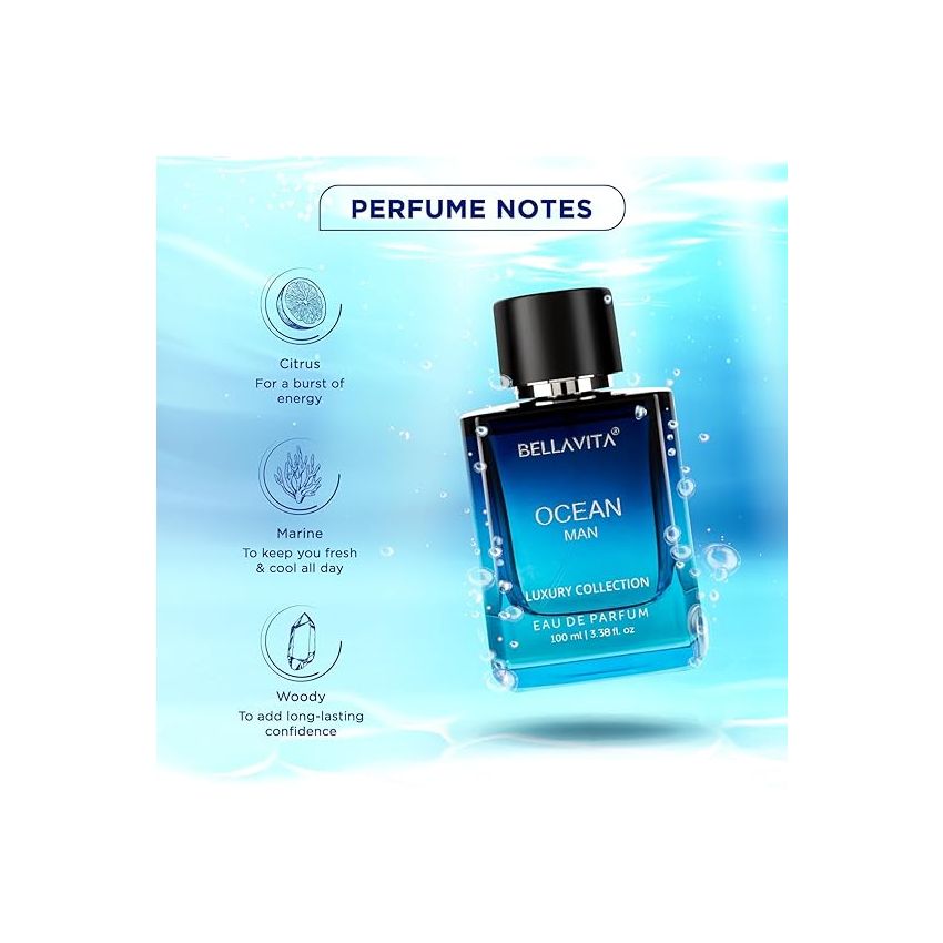 Bella Vita Luxury Men Ocean Aquatic Eau De Parfum With Marine, Orchid & Musk|Long Lasting Fresh Citrusy & Woody Edp Fragrance Scent Liquid Perfume,100 Ml