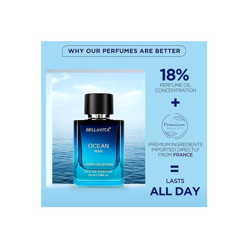 Bella Vita Luxury Men Ocean Aquatic Eau De Parfum With Marine, Orchid & Musk|Long Lasting Fresh Citrusy & Woody Edp Fragrance Scent Liquid Perfume,100 Ml