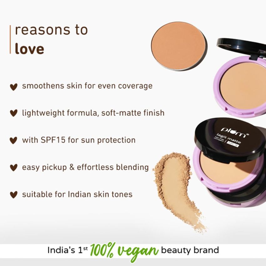 Plum Legit Matte Talc-Free Compact With SPF15 | Lightweight | Even Coverage | 100% Vegan & Cruelty Free | Olive Gleam - 127Y