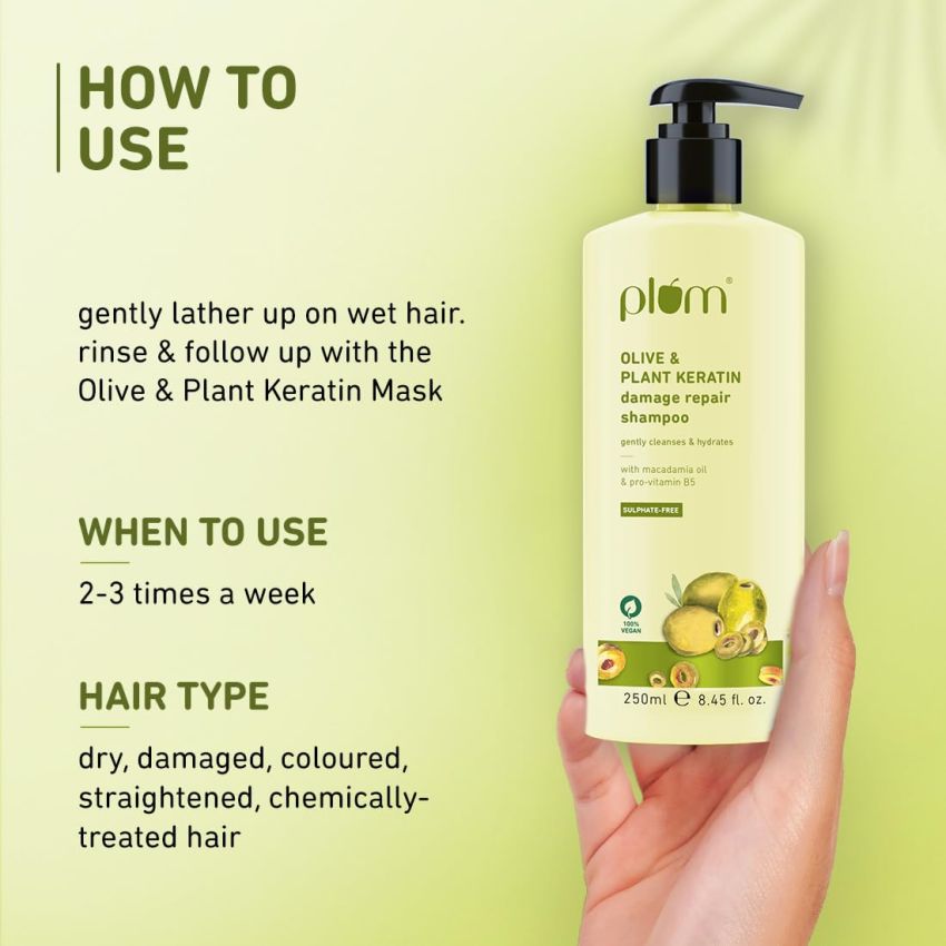 Plum Olive and Plant Keratin Shampoo for Dry, Damaged Hair, with Olive Oil, Plant Keratin, Macadamia Oil I Plant Keratin Shampoo For Women & Men | Sulphate and Paraben Free I 250ml