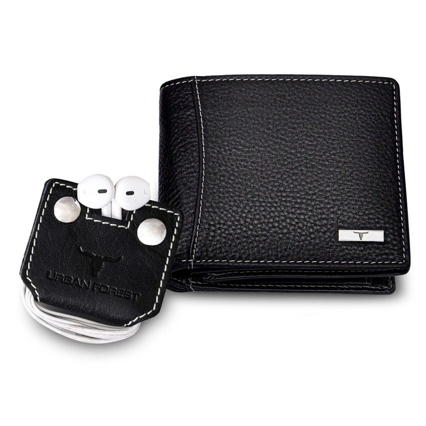 URBAN FOREST Oliver Black Leather Wallet & Earphone Organiser Set for Men