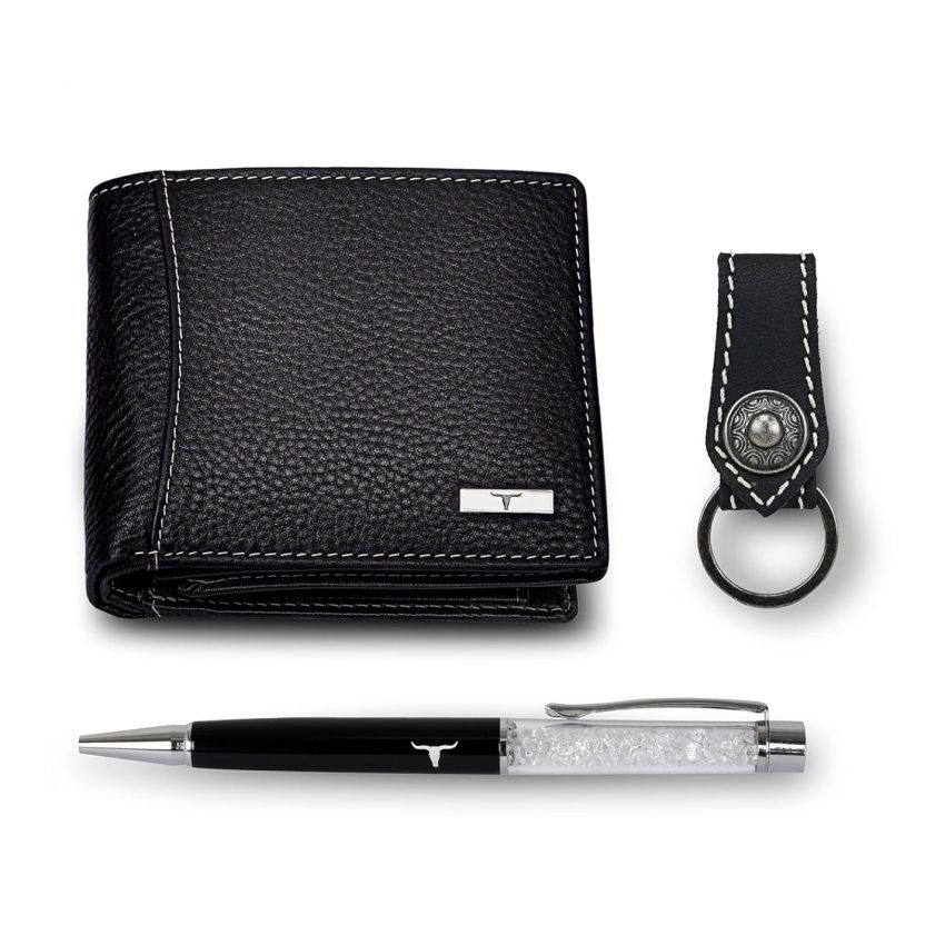 URBAN FOREST Oliver Black Leather Wallet, Black Keychain & Pen Combo Gift Set for Men