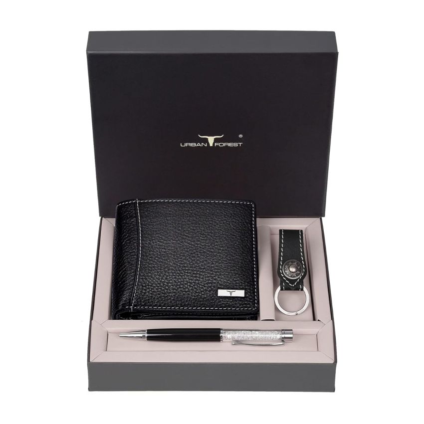 URBAN FOREST Oliver Black Leather Wallet, Black Keychain & Pen Combo Gift Set for Men