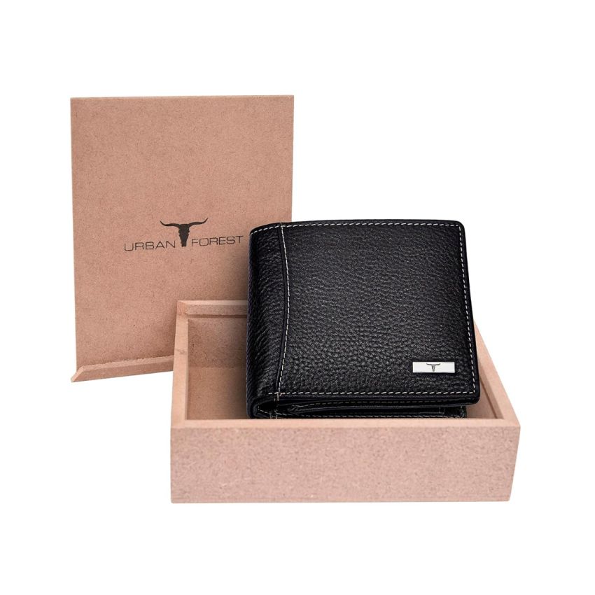 URBAN FOREST Oliver Black Leather Wallet for Men - Packed in Premium Wooden Box for Festive Gifting